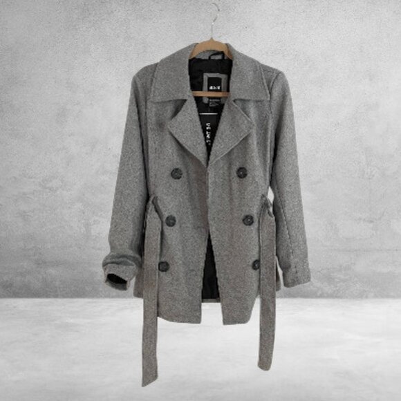 Classic Lines Heather Grey Double Breast Tie Waist Belt Fully Lined Pea Coat - Picture 5 of 11